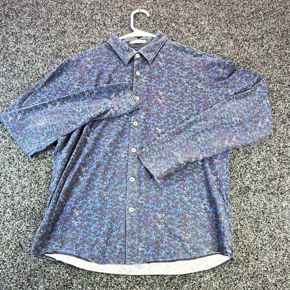 Good Man Brand Men's M Blue Gray Floral Knit Cotton Stretch L/S Point Collar
